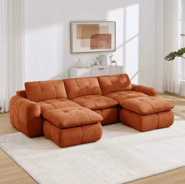 Divano modulare 264x160x68 cm senza telaio in ciniglia; arancione con seduta profonda