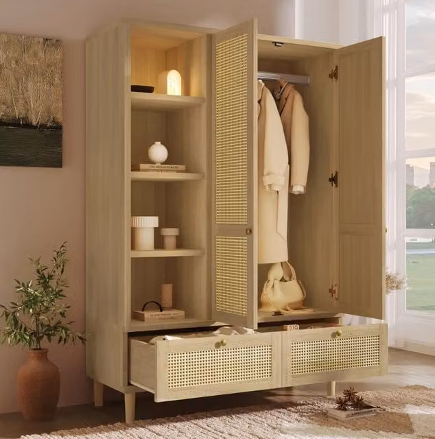 Armadio guardaroba 180x120x50 cm con 2 ante, 2 cassetti e intreccio in rattan, effetto rovere