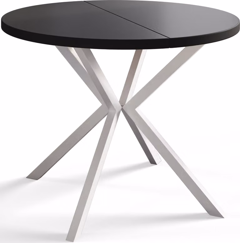 Tavolo rotondo per sala da pranzo LOFT LITE, diametro tavolo allungabile: 100 cm/180 cm, colore tavolo da soggiorno: nero, con gambe in metallo bianco