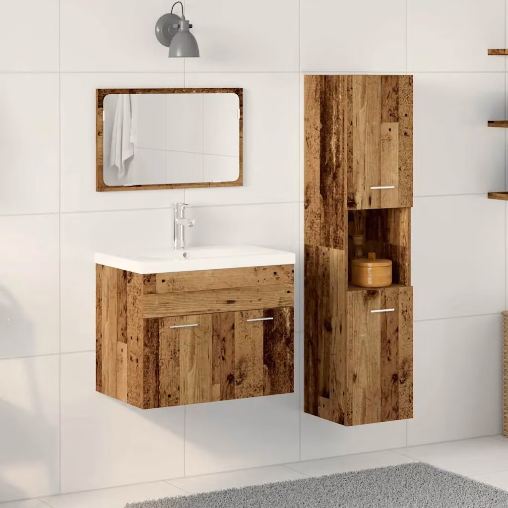 Set di mobili per il bagno moderno vidaXL composto da 4 pezzi in legno e metallo, colore marrone e argento, con mobile sottolavabo e pensili a muro
