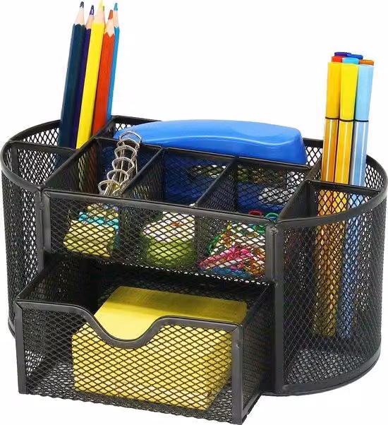 Organizer da ufficio, metallo, contenitore a 9 scomparti, fermagli, quaderni, scrivania