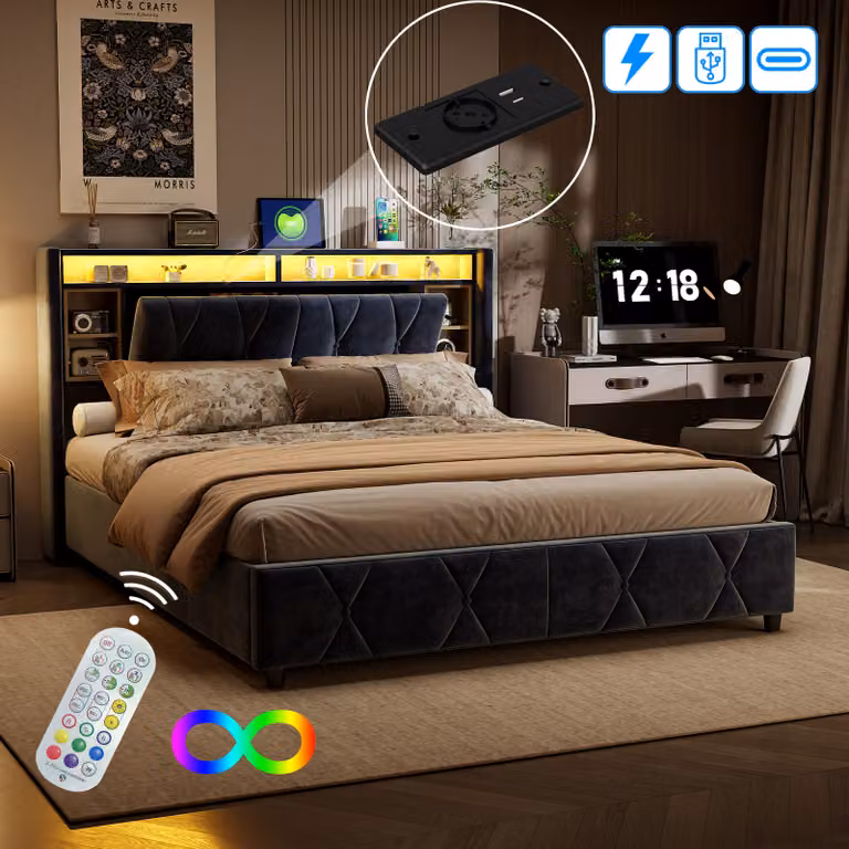 CDGlobal letto imbottito 160x200cm con LED e USB, letto a molle idrauliche con rete a doghe, contenitore e struttura in metallo, letto matrimoniale in velluto con contenitore letto funzionale, grigio