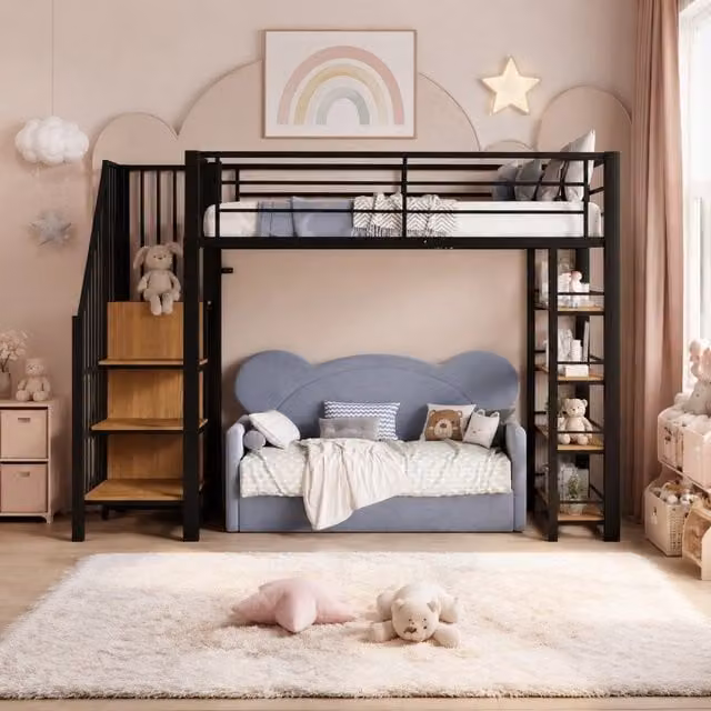 Letto a soppalco ULEVR 90x200 cm con scala contenitore, armadio e ripiani, struttura in metallo nera
