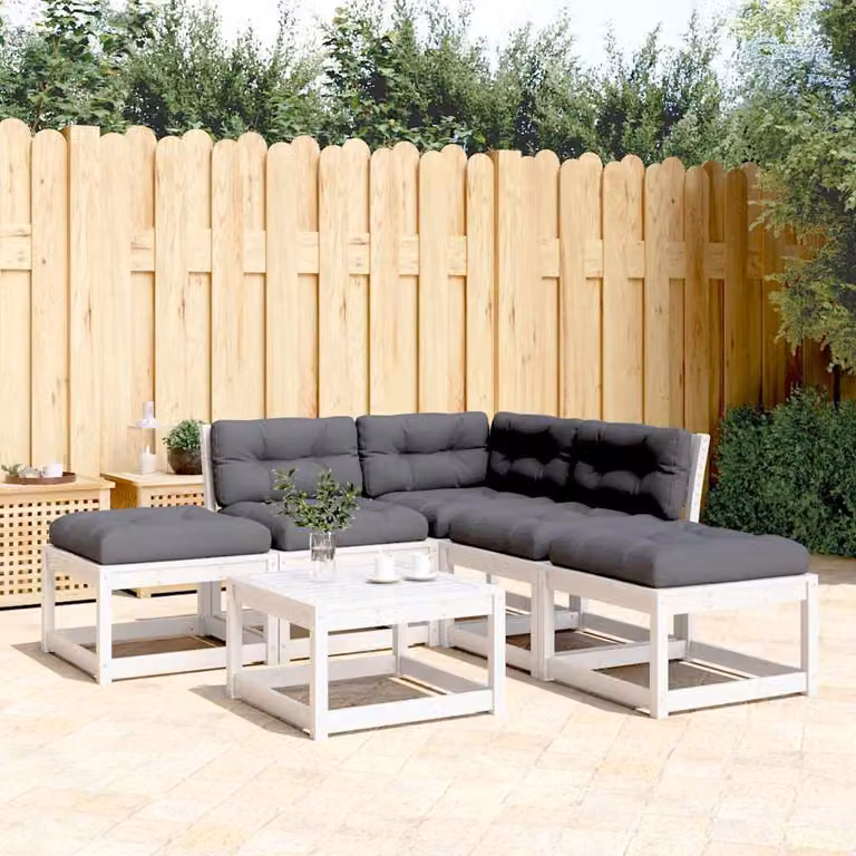 Set di divani da giardino vidaXL a forma di L in legno massello di pino con cuscini bianchi e antracite