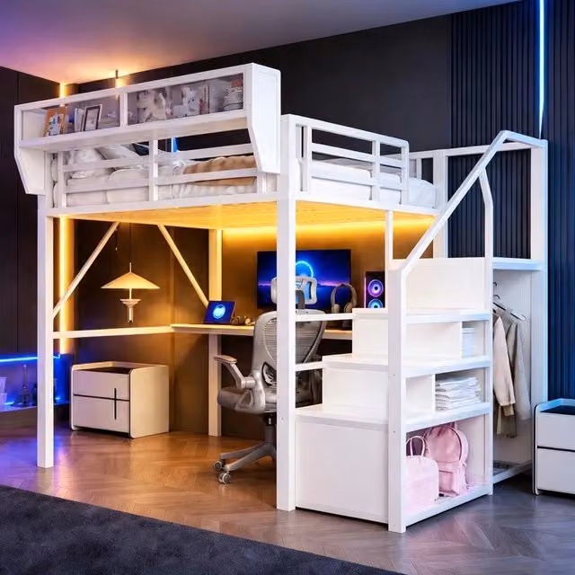 Letto a soppalco ¨C Minimal ¨C Bianco metallo con LED 140x200 cm