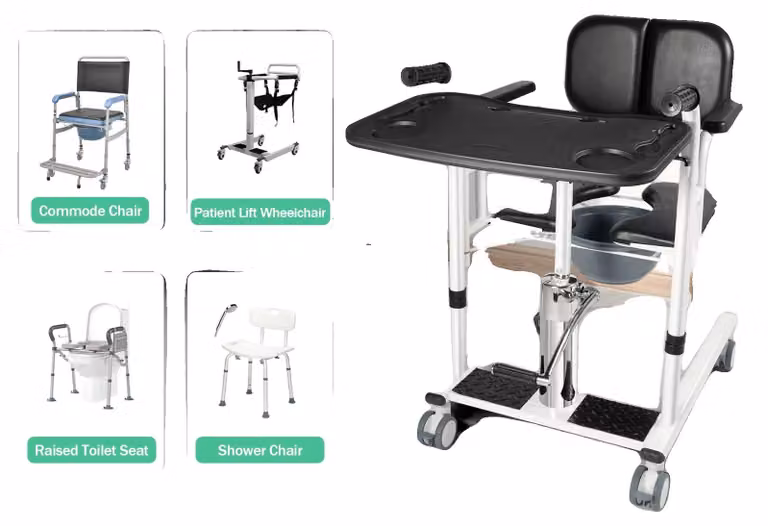 Sedia di trasferimento con sollevatore per pazienti, sistema di sollevamento idraulico, design autoportante, colore nero