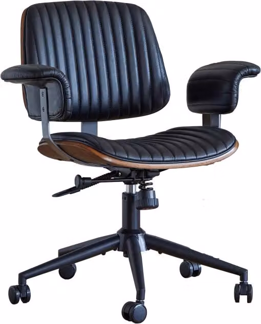 Sedia da ufficio girevole OKWISH in pelle e metallo nera con braccioli imbottiti e altezza regolabile L/P/H: 52 x 46 x 33 cm – 1