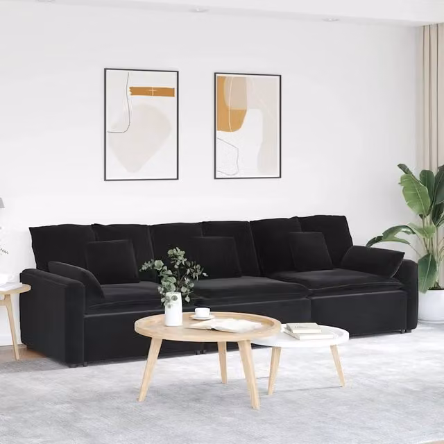 Divano Modulare Moderno vidaXL in Velluto Nero con Cuscini e Struttura in Metallo L: 324 cm, P: 105 cm, H: 64 cm – 1