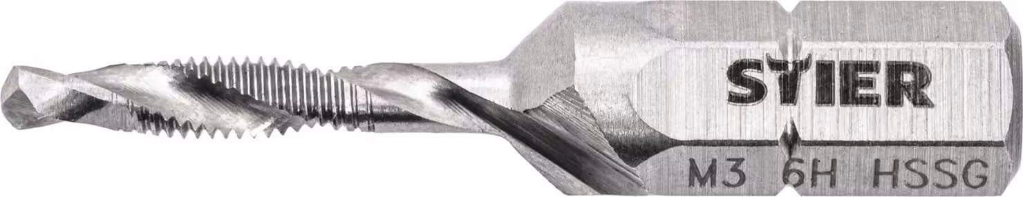 STIER Punta combinata M3 DIN 3126 HSS-G 1/4" codolo esagonale destro Maschietto a taglio singolo per foro passante