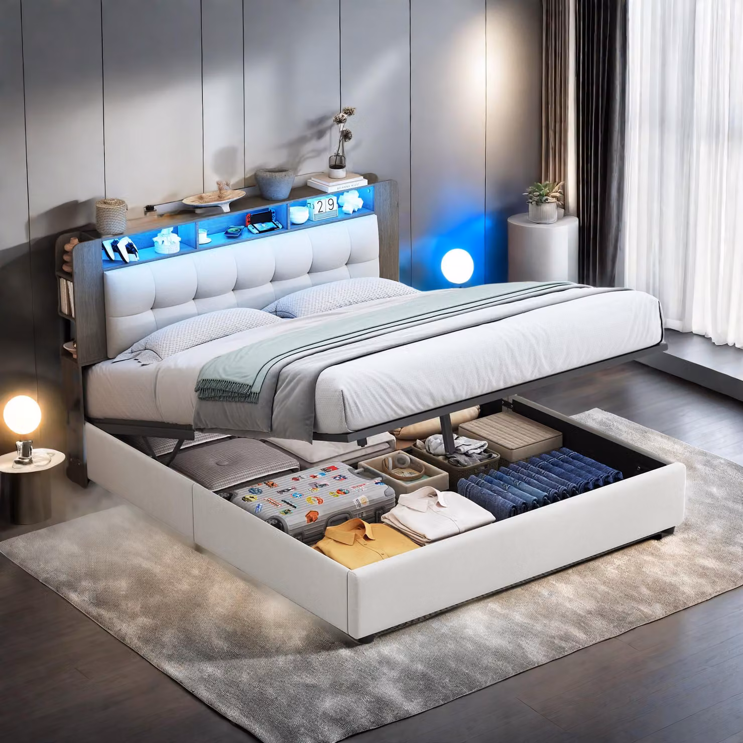 Letto imbottito ProximaX 160x200cm con rete a doghe, letto a molle idrauliche con contenitore, letto contenitore letto matrimoniale con testata contenitore e LED, beige