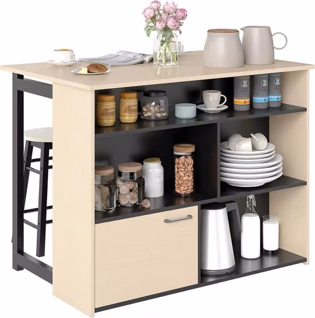 Set bar 3 pezzi con tavolo pieghevole e 2 sgabelli ¨C Xylo ¨C 6 scomparti, nero e rovere, 116x70x89,5 cm