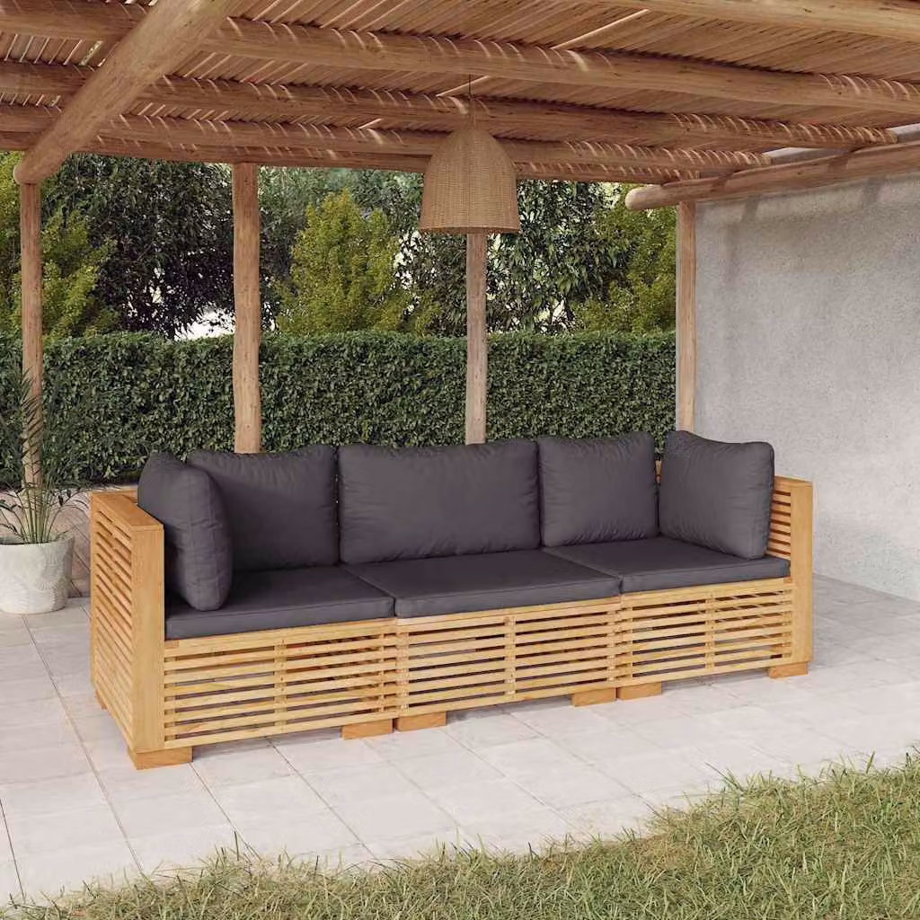 Set di divani da giardino vidaXL in legno massello di teak marrone con cuscini grigi per 3 persone