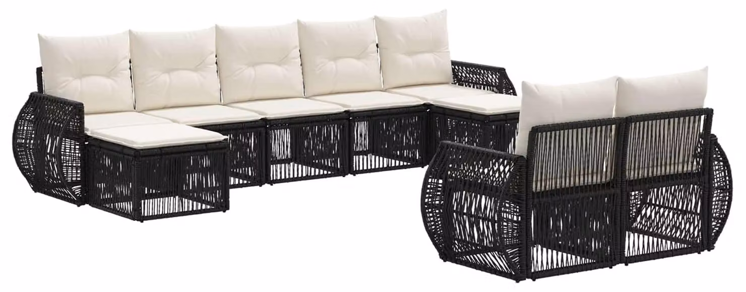 Set da giardino composto da 9 pezzi, in rattan sintetico nero e crema