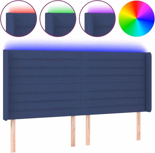 Testata del letto con illuminazione LED blu e porta di ricarica USB in tessuto blu, L: 163 cm, P: 16 cm, H: 118/128 cm