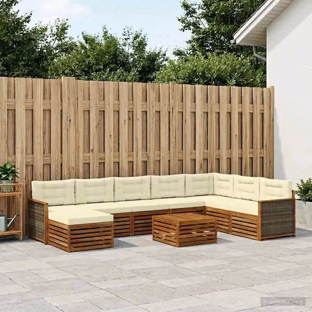 Set di divani da esterno a L vidaXL in legno di acacia con tavolino e pouf, colore marrone e beige – 1