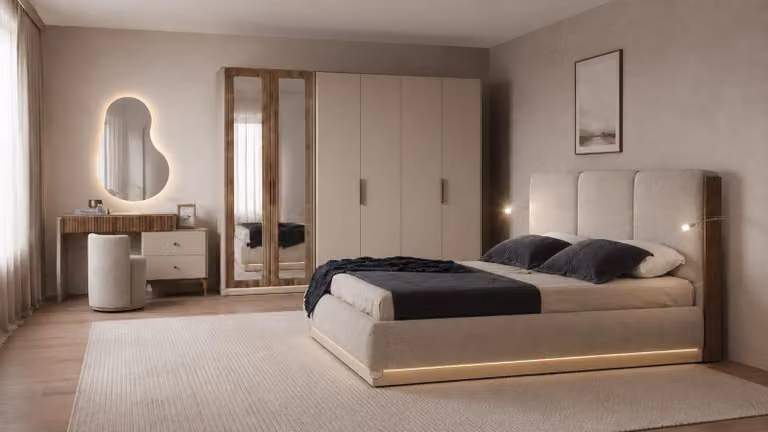 Set completo per camera da letto di alta qualità: letto, comodino, armadio e specchiera, in legno