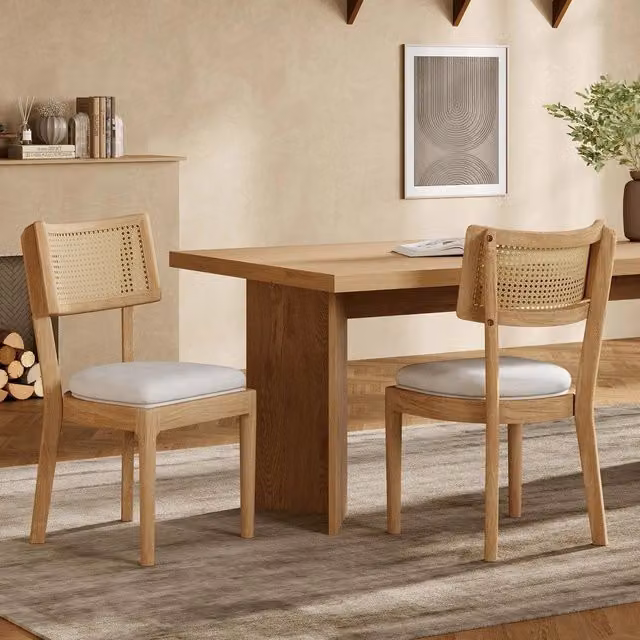 Set di 2 sedie da pranzo Minimal in rattan e legno massello con schienale imbottito, stile moderno, colore marrone – 1