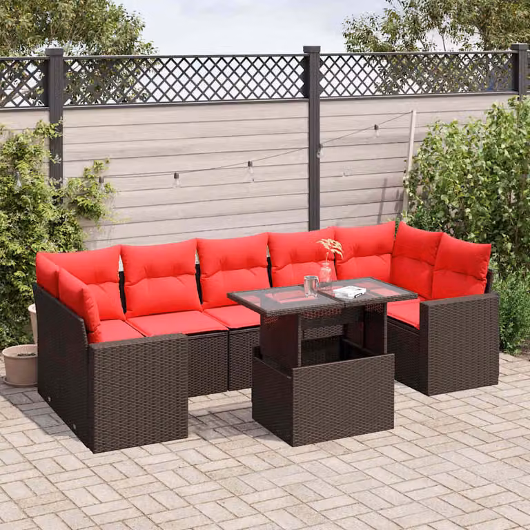Set di divani da giardino vidaXL in polyrattan marrone con cuscini e tavolino da esterno, design moderno a forma di L per 8 persone