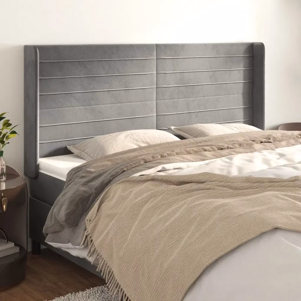 Testiera ad orecchio in velluto grigio chiaro con struttura in legno di larice L: 203 cm, P: 16 cm, H: 118/128 cm – 2