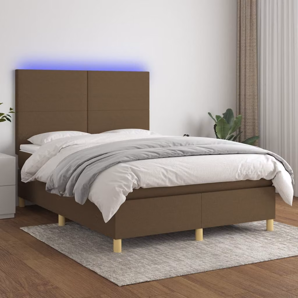 The Living Store Letto a molle con materasso e LED in tessuto marrone scuro 140x190 cm