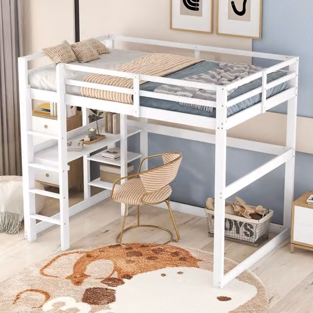 Letto a soppalco 140 × 200 cm 2 posti con scrivania e 4 ripiani, senza materasso, in pino e MDF, bianco antico