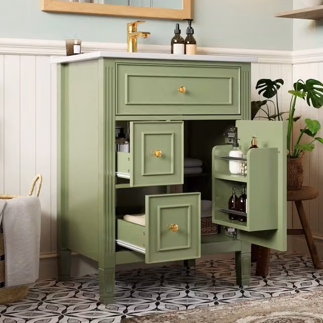 Mobiletto da bagno a terra ¨C Minimal ¨C Verde lucido, 61cm, con cassetti e anta con ripiani