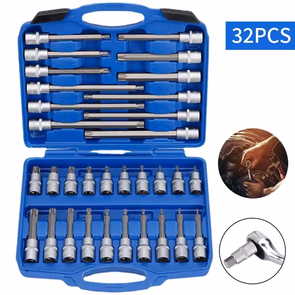 Set di chiavi a bussola - 32 pezzi - Attacco quadrato da 1,27 cm - Inserti Torx interni - Acciaio cromo-vanadio - Antiscivolo