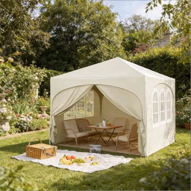 Gazebo REDOM beige in ferro e tessuto Oxford con 4 pareti laterali L: 300 cm, P: 300 cm, H: 258 cm – 1