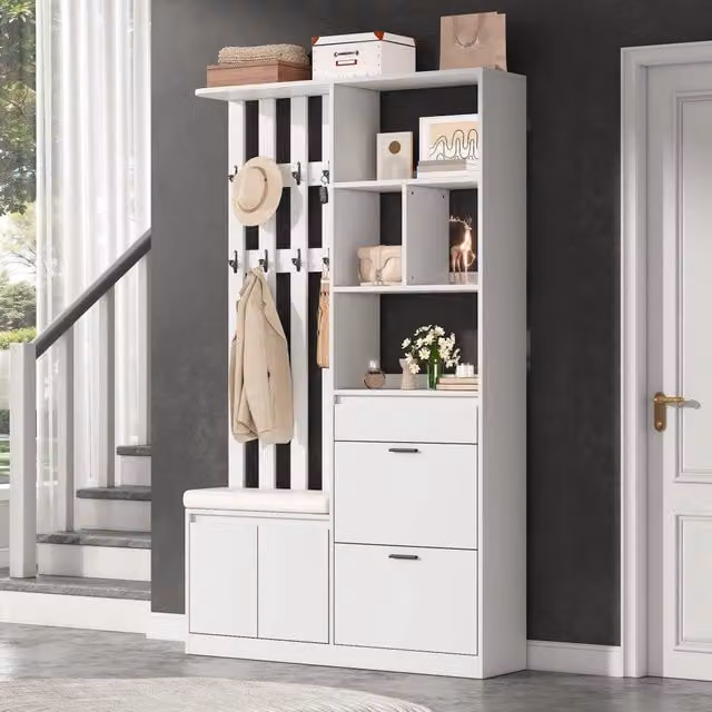 Guardaroba da ingresso bianco in MDF 120x30x200 cm mobile ingresso con panca imbottita