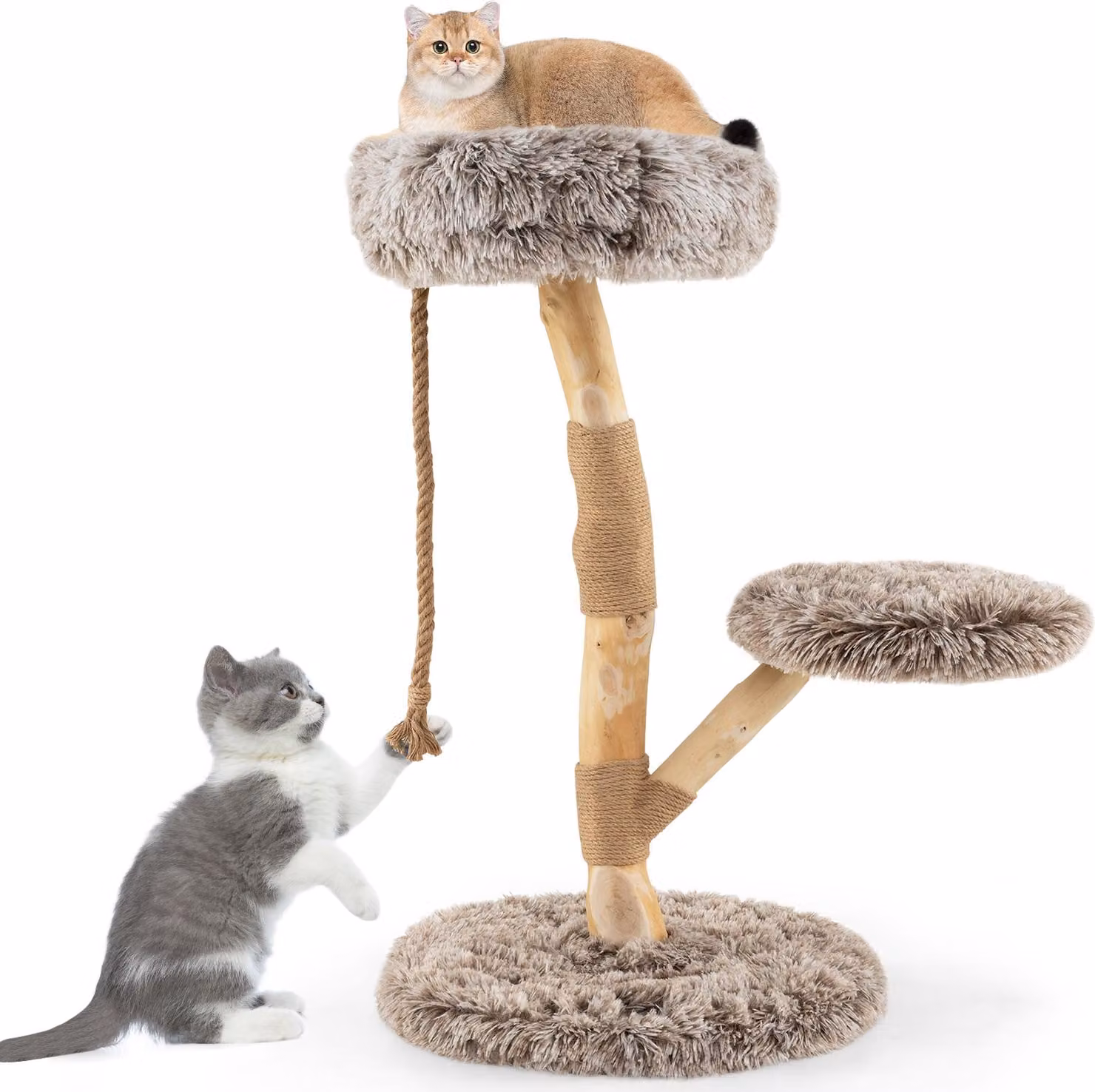 COSTWAY Tiragraffi in legno da 90 cm con 3 sedute in peluche, tiragraffi in corda e iuta, arredamento per gatti a torre, albero da arrampicata per gatti, marrone+naturale