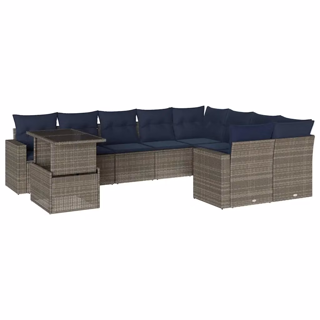 Set da giardino vidaXL composto da 10 pezzi con cuscini grigi e blu in rattan e metallo con tavolino da caffè – 2
