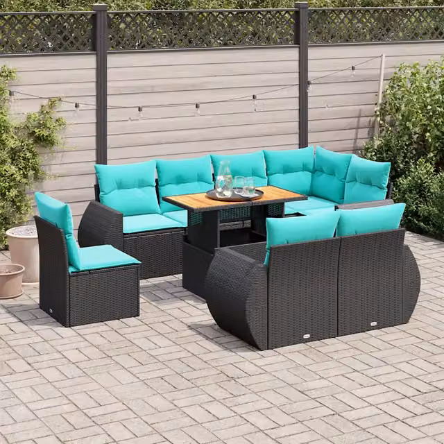 Set Divani da Giardino 9 pz con Cuscini Nero in Polyrattan 3327277