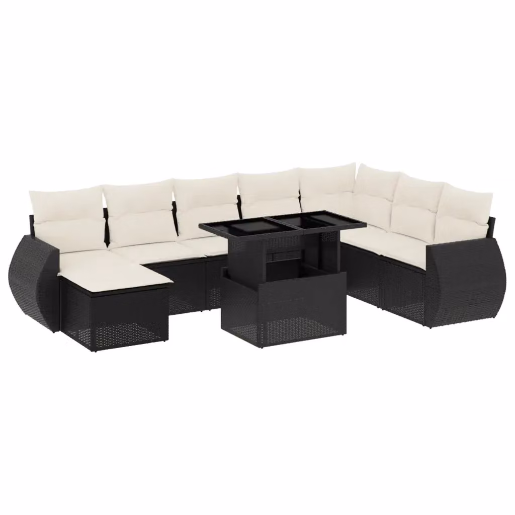 vidaXL Set Divani da Giardino 9 pz a Forma a L con Cuscini, Polyrattan e Acciaio, Nero e Bianco – 2