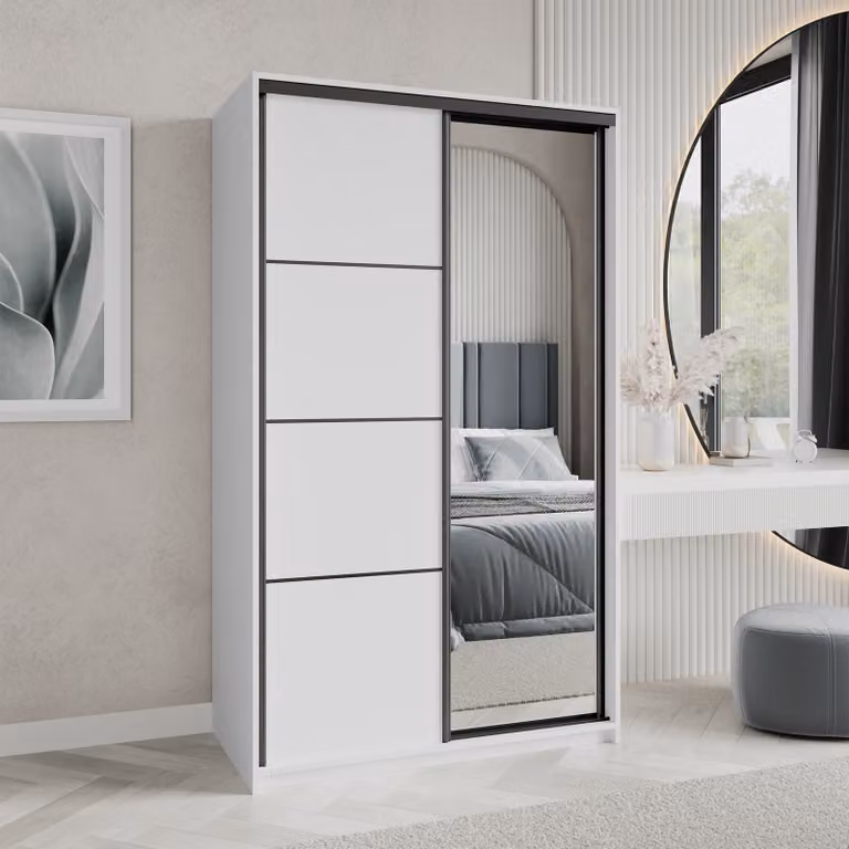 Armadio scorrevole Masseno VARO 120/205/60 cm Armadio con cassetti Armadio per camera da letto a 2 ante con specchio Bianco + Nero