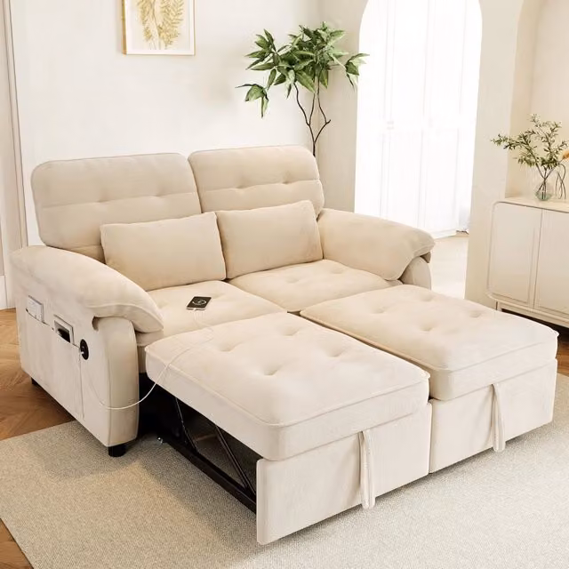 Divano letto trasformabile 3 in 1 142 cm con schienale regolabile e USB; ciniglia beige