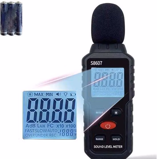 S8607 Misuratore di Decibel - Misuratore di Suono - Decibel Sonoro - Misuratore di Livello Sonoro - Misuratore di Suono Preciso - Misuratore di dB - Misuratore di Decibel Professionale - Da 30 a 130 Decibel - Precisione di 1,5 dB - Display LCD - Include b