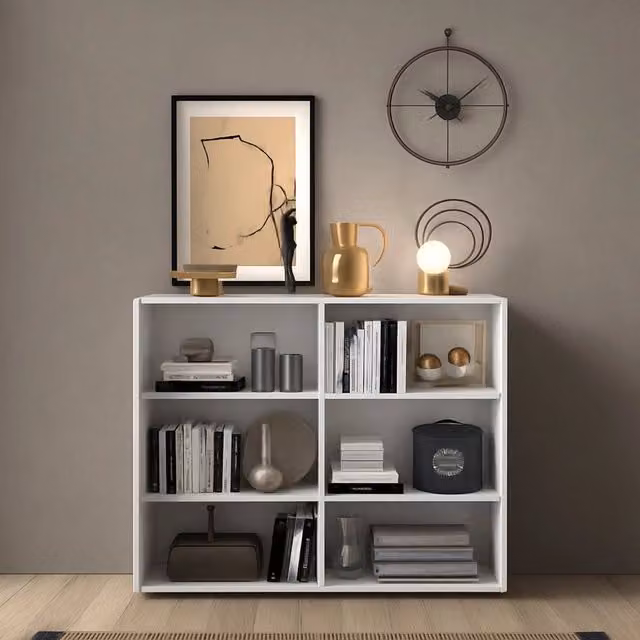 Madia Lucito DMORA con 4 ripiani, design moderno, colore bianco lucido, L 121 cm x P 44 cm x H 114 cm