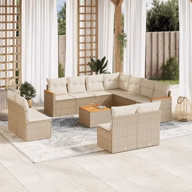 Set di Divani da Giardino vidaXL a Forma di U con Cuscini Beige e Tavolino, Polyrattan e Legno di Acacia – 1