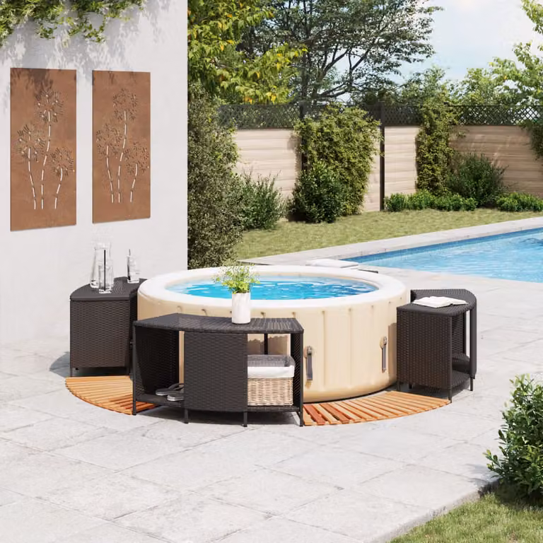 vidaXL Bordo per Spa Nero in Polyrattan e Legno Massello di Acacia