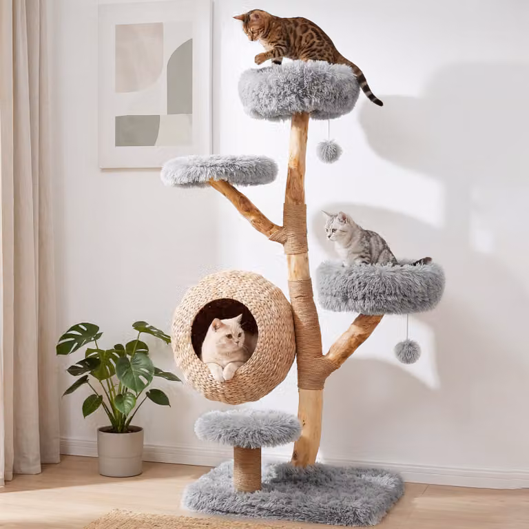 Albero per gatti da interno Costway Grigio con 2 posatoi, 2 piattaforme di salto, tiragraffi in legno e cuscino lavabile