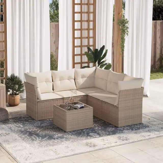 Set Divano da Giardino a L VIDAXL in Polyrattan Beige con Cuscini, 6 Posti