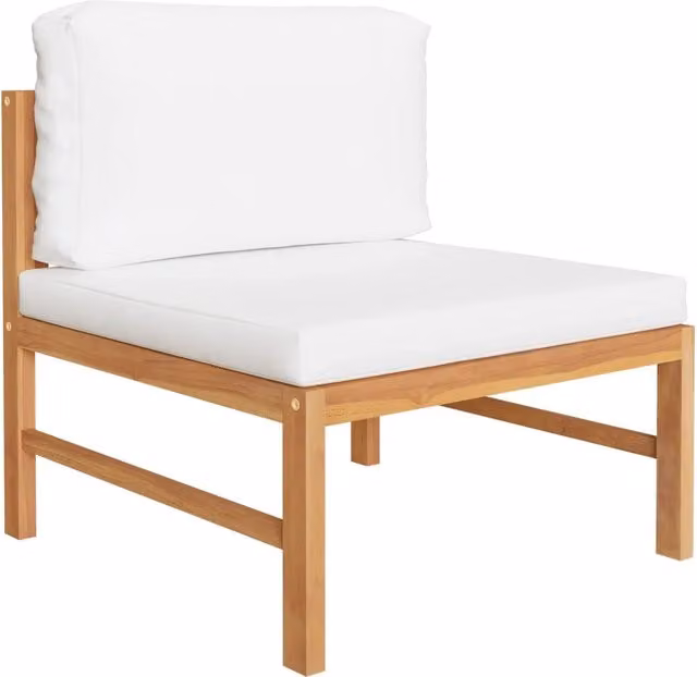 Set Salotto da Giardino Moderno in Legno di Teak con Divano a 3 Posti, Poltrona, Tavolino e Pouf con Cuscini Beige e Bianchi