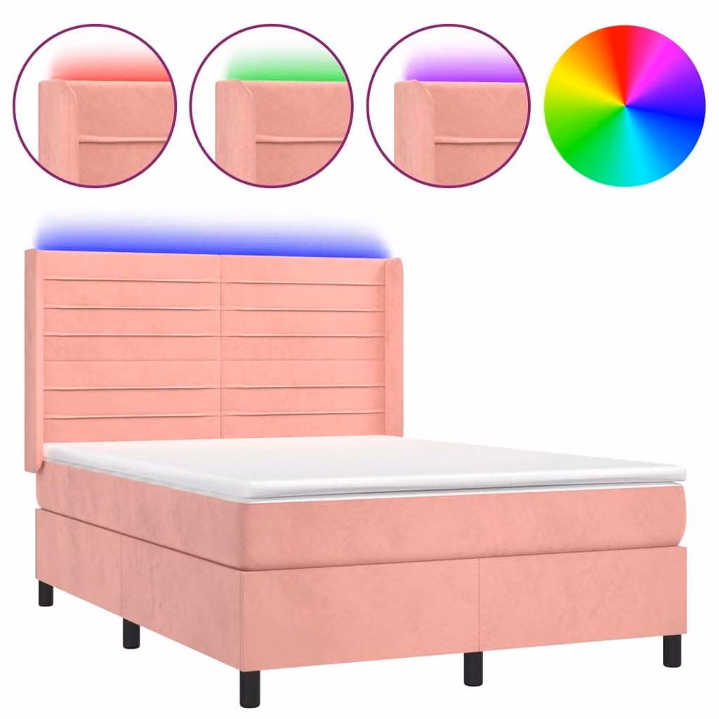 Letto a Molle con Materasso e LED Rosa 140x200 cm in Velluto
