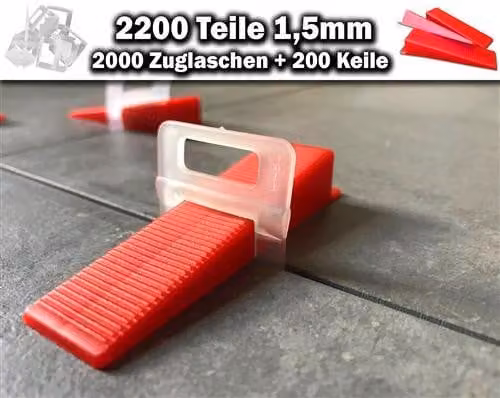2000 linguette di trazione da 1,5 mm + 200 cunei - Sistema di livellamento piastrelle KACHEL GOTT®