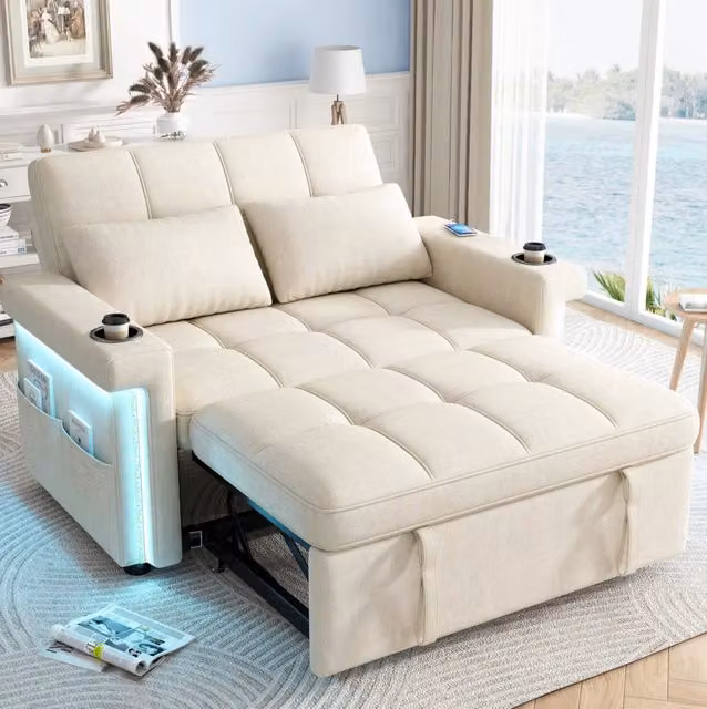 Divano letto modulare 2 posti in ciniglia beige con LED; USB/Type-C e schienale regolabile
