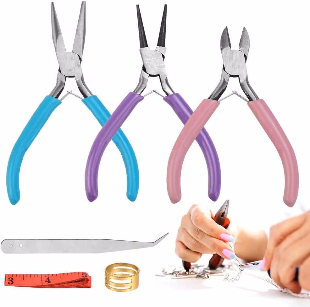 Set di strumenti per gioielliere, composto da: 3 pinze, 1 pinzetta, 1 aprisema a molla, 1 righello, per la creazione di gioielli