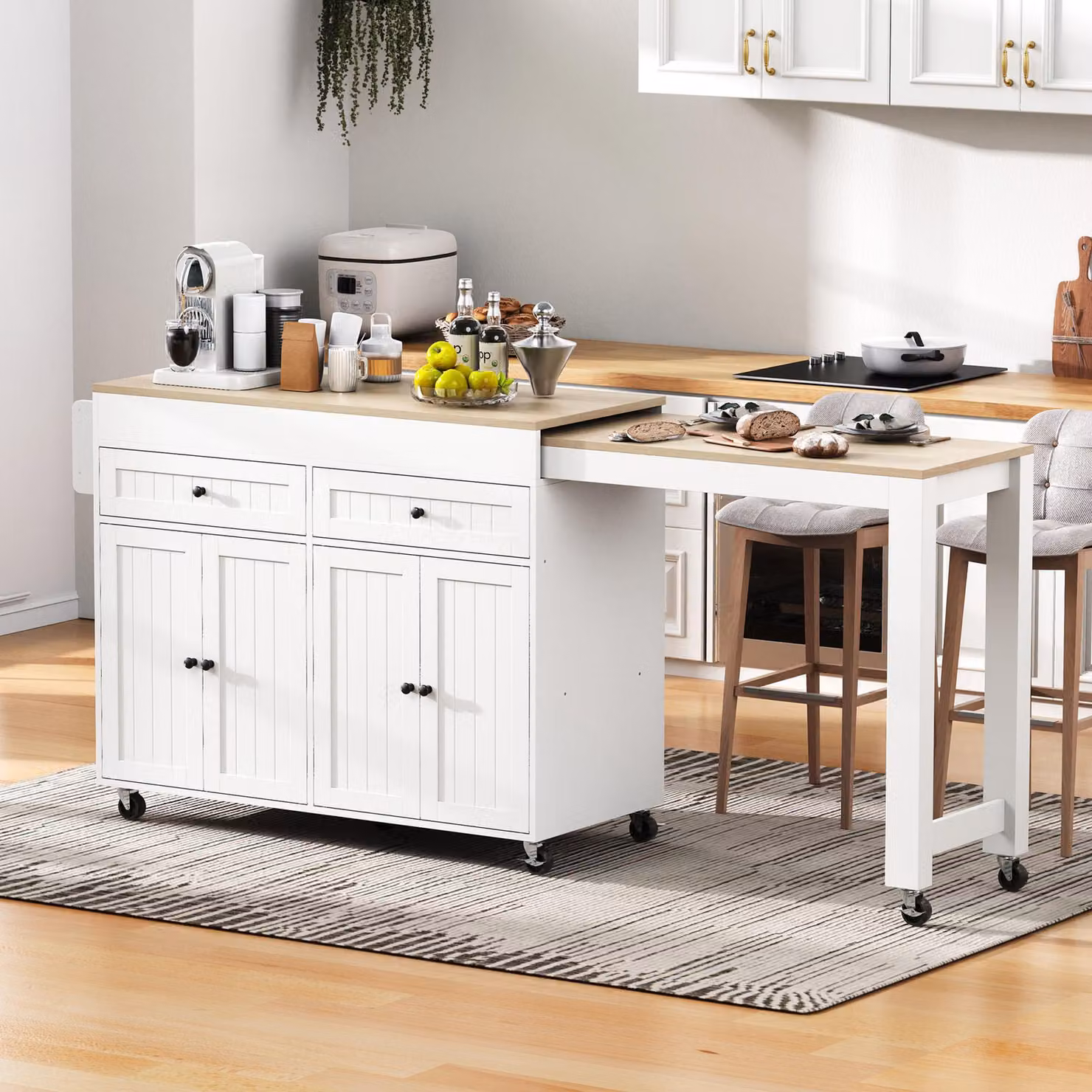 Isola da cucina Fortuna Lai su ruote, con zona pranzo estendibile. Isola da cucina con piano di lavoro e cassetti, mobile autoportante, ideale per cucina e sala da pranzo (bianco e naturale)
