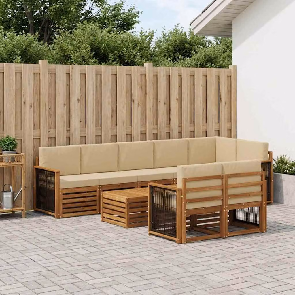 Set di divani da esterno vidaXL 8 pz in legno di acacia con cuscini beige e tavolo da caffè coordinato per giardino e terrazza
