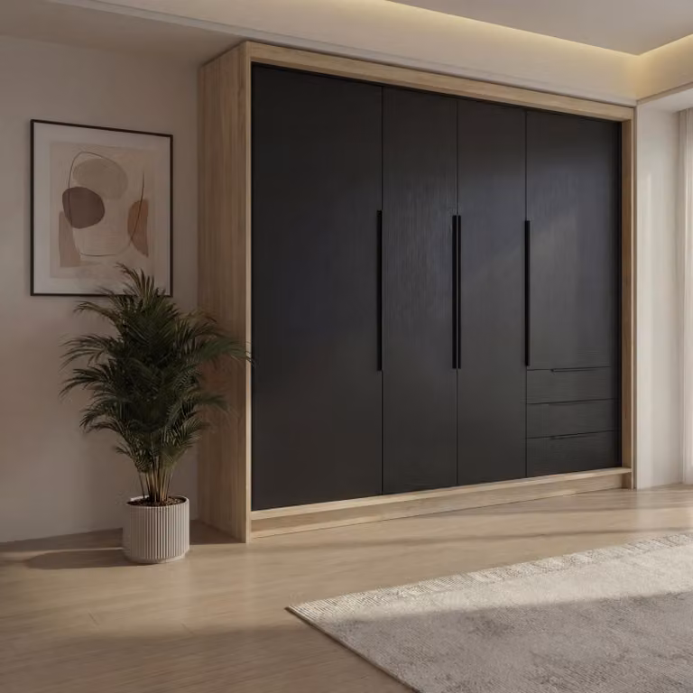 Spazioso armadio a quattro ante KLARI con cassetti e maniglie in metallo – design moderno