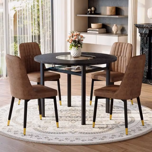Set da pranzo rotondo 100 cm con piano in MDF e vetro; sedie in tessuto tech; marrone e nero